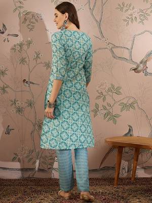 Blue cotton stitched top with stitched cotton bottom and - dupatta 3/4 sleeve printed straight top 2