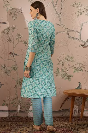 Blue cotton stitched top with stitched cotton bottom and - dupatta 3/4 sleeve printed straight top