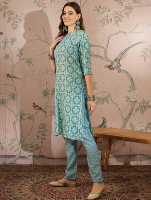 Blue cotton stitched top with stitched cotton bottom and - dupatta 3/4 sleeve printed straight top 3