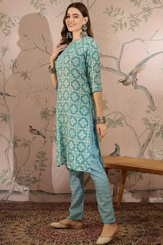 Blue cotton stitched top with stitched cotton bottom and - dupatta 3/4 sleeve printed straight top