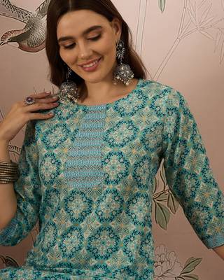 Blue cotton stitched top with stitched cotton bottom and - dupatta 3/4 sleeve printed straight top 4