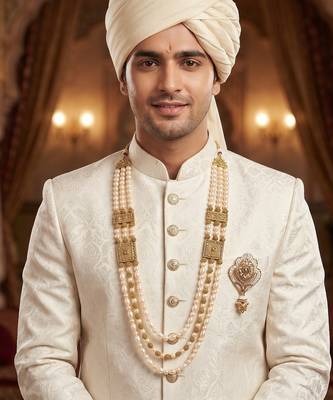   groom sherwani necklace moti mala layered for wedding | groom mala with brooch set 6