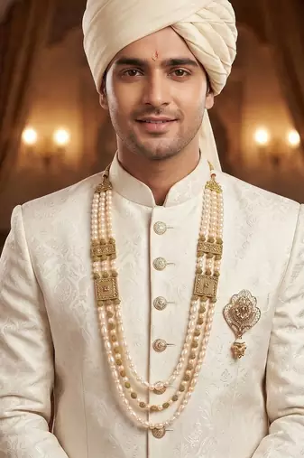   groom sherwani necklace moti mala layered for wedding | groom mala with brooch set