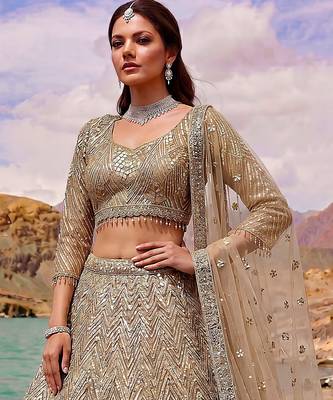 Luxurious Gold Sequins Net Reception Wear Lehenga Choli With Dupatta 3