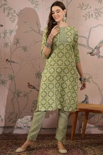 Green cotton stitched top with stitched cotton bottom and - dupatta 3/4 sleeve printed straight top