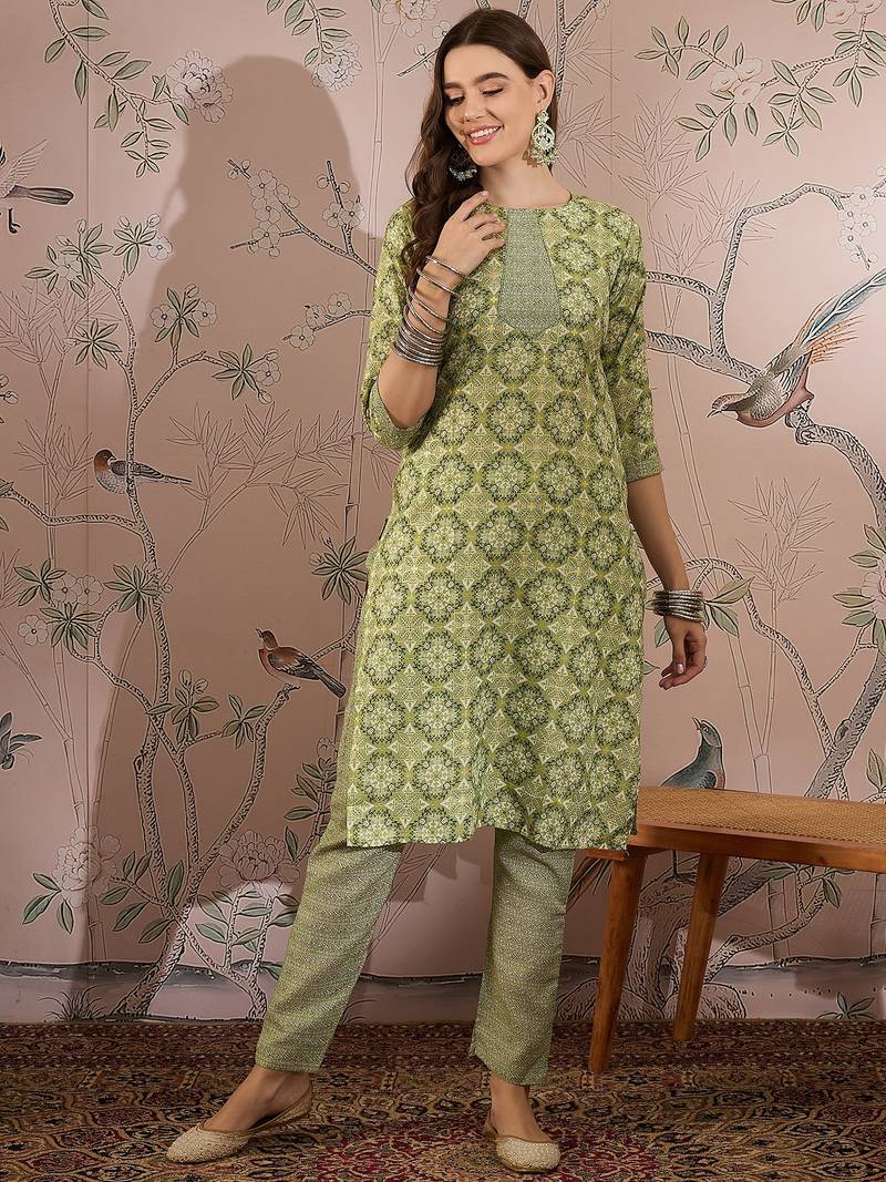 Green cotton stitched top with stitched cotton bottom and - dupatta 3/4 sleeve printed straight top