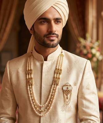   groom sherwani necklace moti mala layered for wedding | groom mala with brooch set 6
