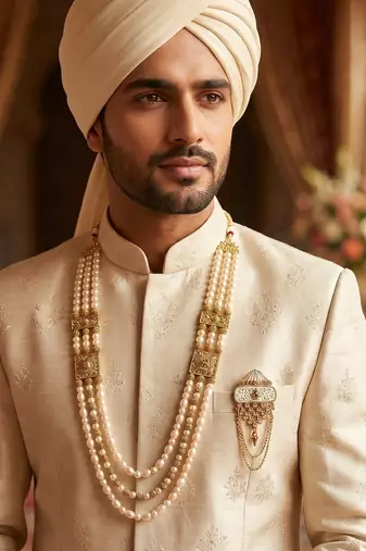   groom sherwani necklace moti mala layered for wedding | groom mala with brooch set