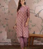 Pink cotton stitched top with stitched cotton bottom and - dupatta 3/4 sleeve printed straight top