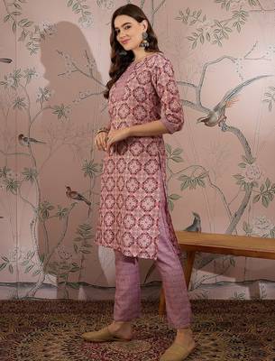 Pink cotton stitched top with stitched cotton bottom and - dupatta 3/4 sleeve printed straight top 3