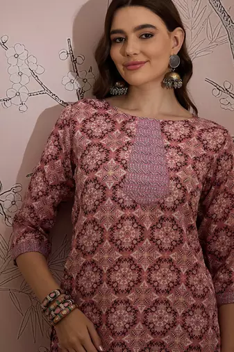 Pink cotton stitched top with stitched cotton bottom and - dupatta 3/4 sleeve printed straight top