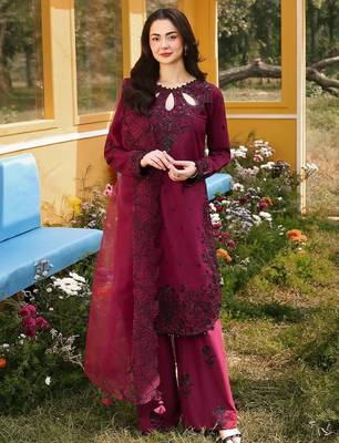 maroon satin rayon embroidered kurta palazzo set with organza dupatta 1
