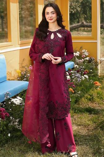 maroon satin rayon embroidered kurta palazzo set with organza dupatta