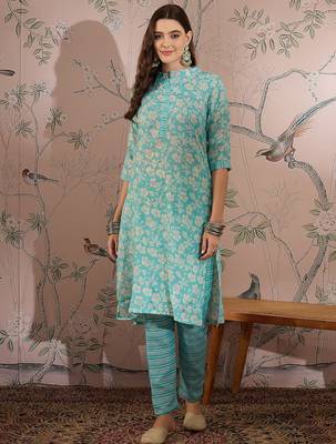 Blue cotton stitched top with stitched cotton bottom and - dupatta 3/4 sleeve printed straight top 1