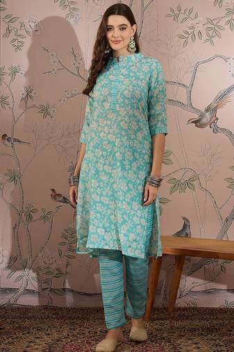 Blue cotton stitched top with stitched cotton bottom and - dupatta 3/4 sleeve printed straight top
