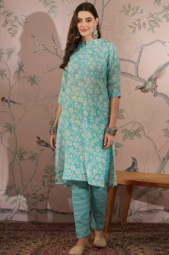 Blue cotton stitched top with stitched cotton bottom and - dupatta 3/4 sleeve printed straight top