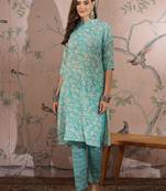 Blue cotton stitched top with stitched cotton bottom and - dupatta 3/4 sleeve printed straight top