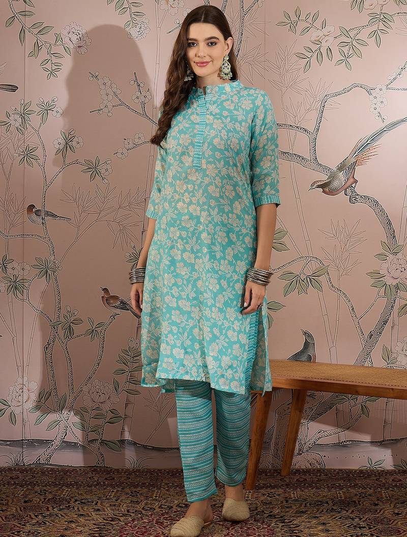 Blue cotton stitched top with stitched cotton bottom and - dupatta 3/4 sleeve printed straight top