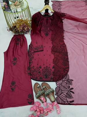 maroon satin rayon embroidered kurta palazzo set with organza dupatta 2