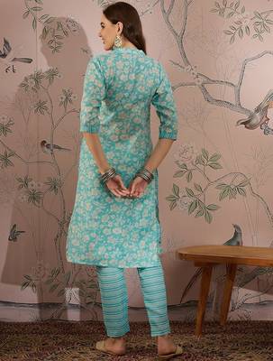 Blue cotton stitched top with stitched cotton bottom and - dupatta 3/4 sleeve printed straight top 2