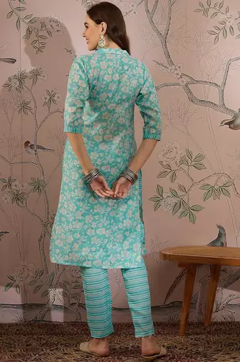 Blue cotton stitched top with stitched cotton bottom and - dupatta 3/4 sleeve printed straight top