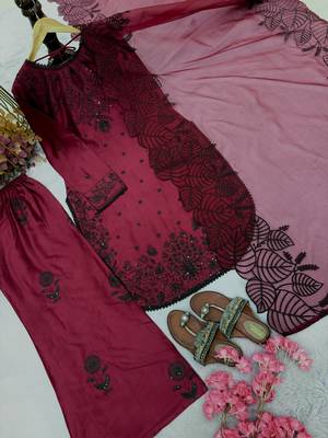 maroon satin rayon embroidered kurta palazzo set with organza dupatta 3
