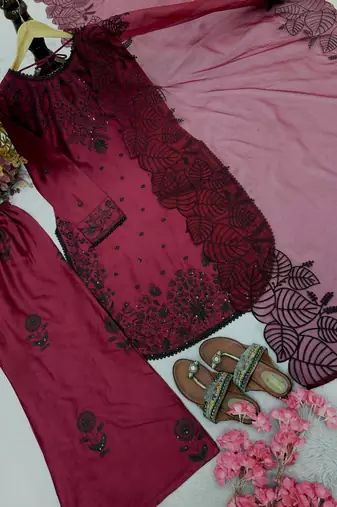 maroon satin rayon embroidered kurta palazzo set with organza dupatta