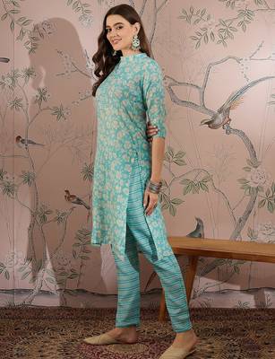 Blue cotton stitched top with stitched cotton bottom and - dupatta 3/4 sleeve printed straight top 3