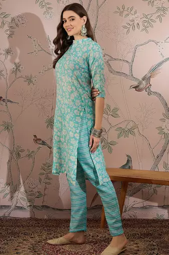 Blue cotton stitched top with stitched cotton bottom and - dupatta 3/4 sleeve printed straight top