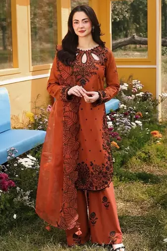 orange satin rayon embroidered kurta palazzo set with organza dupatta