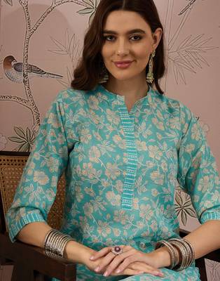 Blue cotton stitched top with stitched cotton bottom and - dupatta 3/4 sleeve printed straight top 4