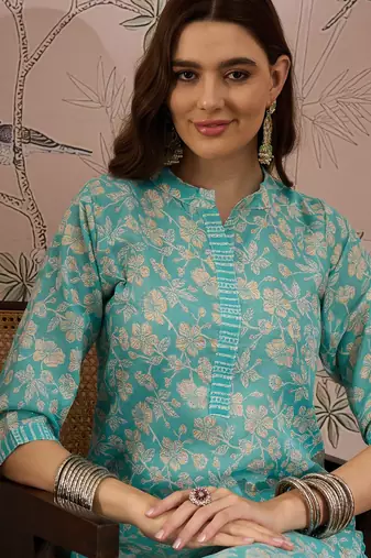 Blue cotton stitched top with stitched cotton bottom and - dupatta 3/4 sleeve printed straight top