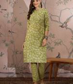 Green cotton stitched top with stitched cotton bottom and - dupatta 3/4 sleeve printed straight top