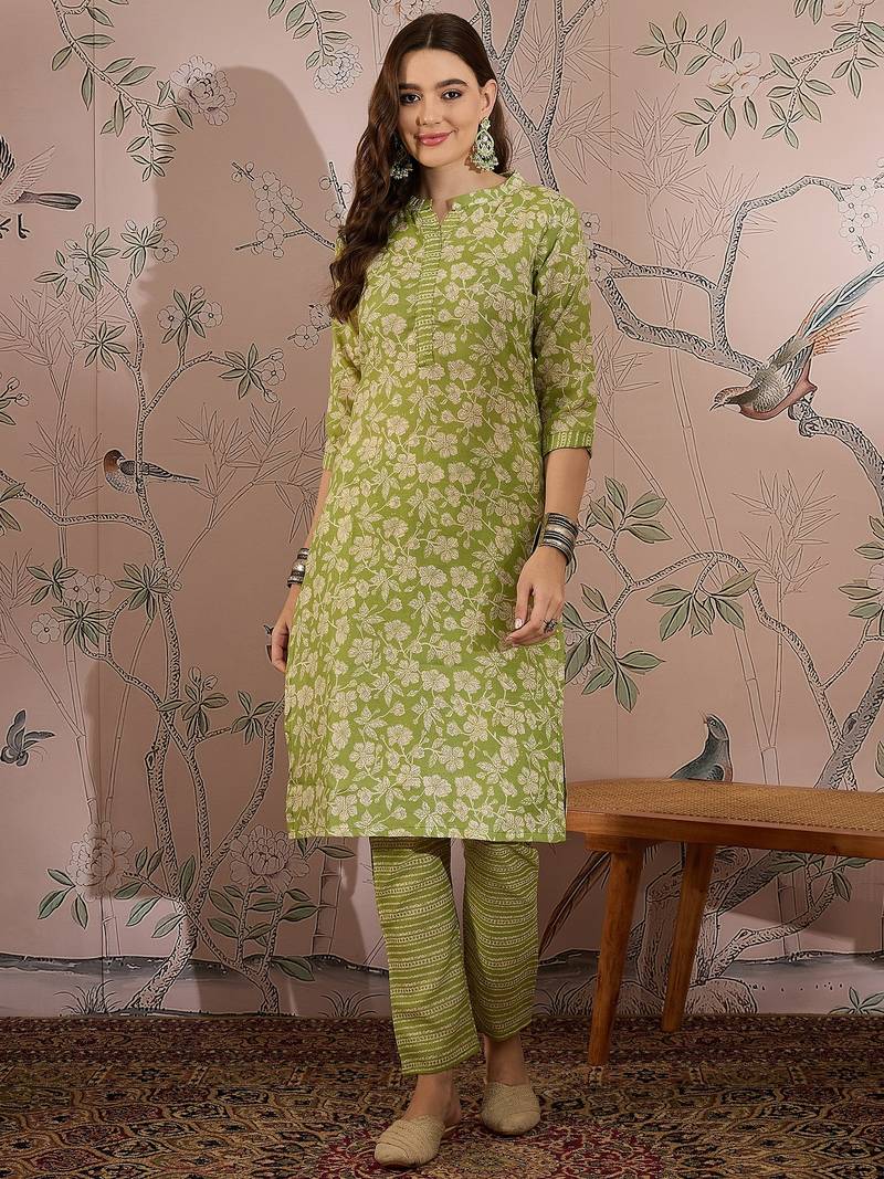 Green cotton stitched top with stitched cotton bottom and - dupatta 3/4 sleeve printed straight top