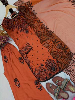 orange satin rayon embroidered kurta palazzo set with organza dupatta 3