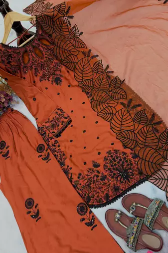 orange satin rayon embroidered kurta palazzo set with organza dupatta