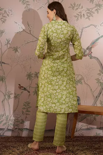 Green cotton stitched top with stitched cotton bottom and - dupatta 3/4 sleeve printed straight top