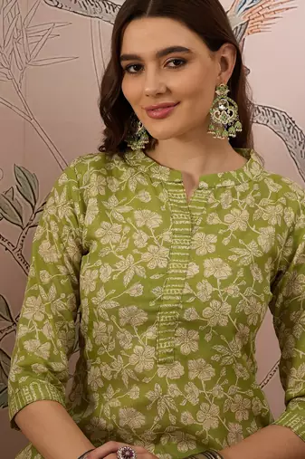Green cotton stitched top with stitched cotton bottom and - dupatta 3/4 sleeve printed straight top