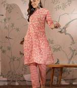 Peach cotton stitched top with stitched cotton bottom and - dupatta 3/4 sleeve printed straight top