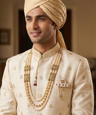   groom sherwani necklace moti mala layered for wedding | groom mala with brooch set 6