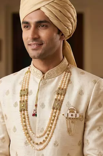   groom sherwani necklace moti mala layered for wedding | groom mala with brooch set
