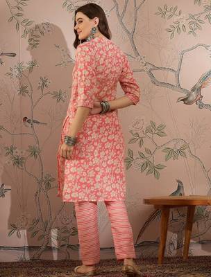 Peach cotton stitched top with stitched cotton bottom and - dupatta 3/4 sleeve printed straight top 2
