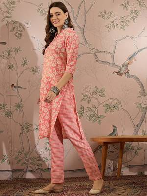 Peach cotton stitched top with stitched cotton bottom and - dupatta 3/4 sleeve printed straight top 3