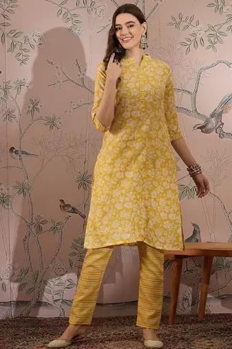 Yellow cotton stitched top with stitched cotton bottom and - dupatta 3/4 sleeve printed straight top