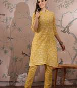 Yellow cotton stitched top with stitched cotton bottom and - dupatta 3/4 sleeve printed straight top