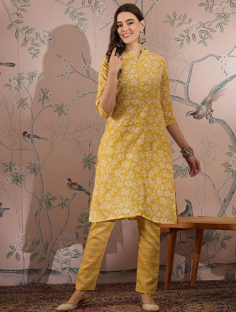 Yellow cotton stitched top with stitched cotton bottom and - dupatta 3/4 sleeve printed straight top