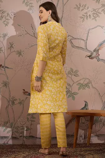 Yellow cotton stitched top with stitched cotton bottom and - dupatta 3/4 sleeve printed straight top