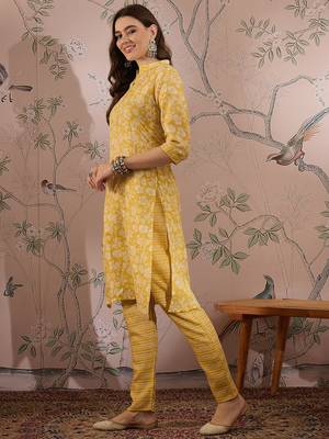 Yellow cotton stitched top with stitched cotton bottom and - dupatta 3/4 sleeve printed straight top 3
