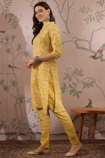 Yellow cotton stitched top with stitched cotton bottom and - dupatta 3/4 sleeve printed straight top