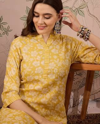 Yellow cotton stitched top with stitched cotton bottom and - dupatta 3/4 sleeve printed straight top 4